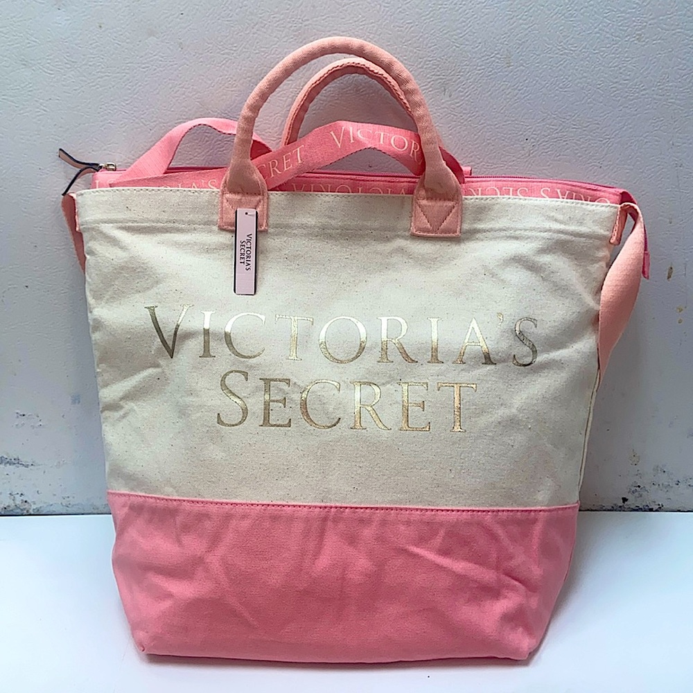 VICTORIA’S SECRET Tan/Pink Canvas Cooler Tote - NWT